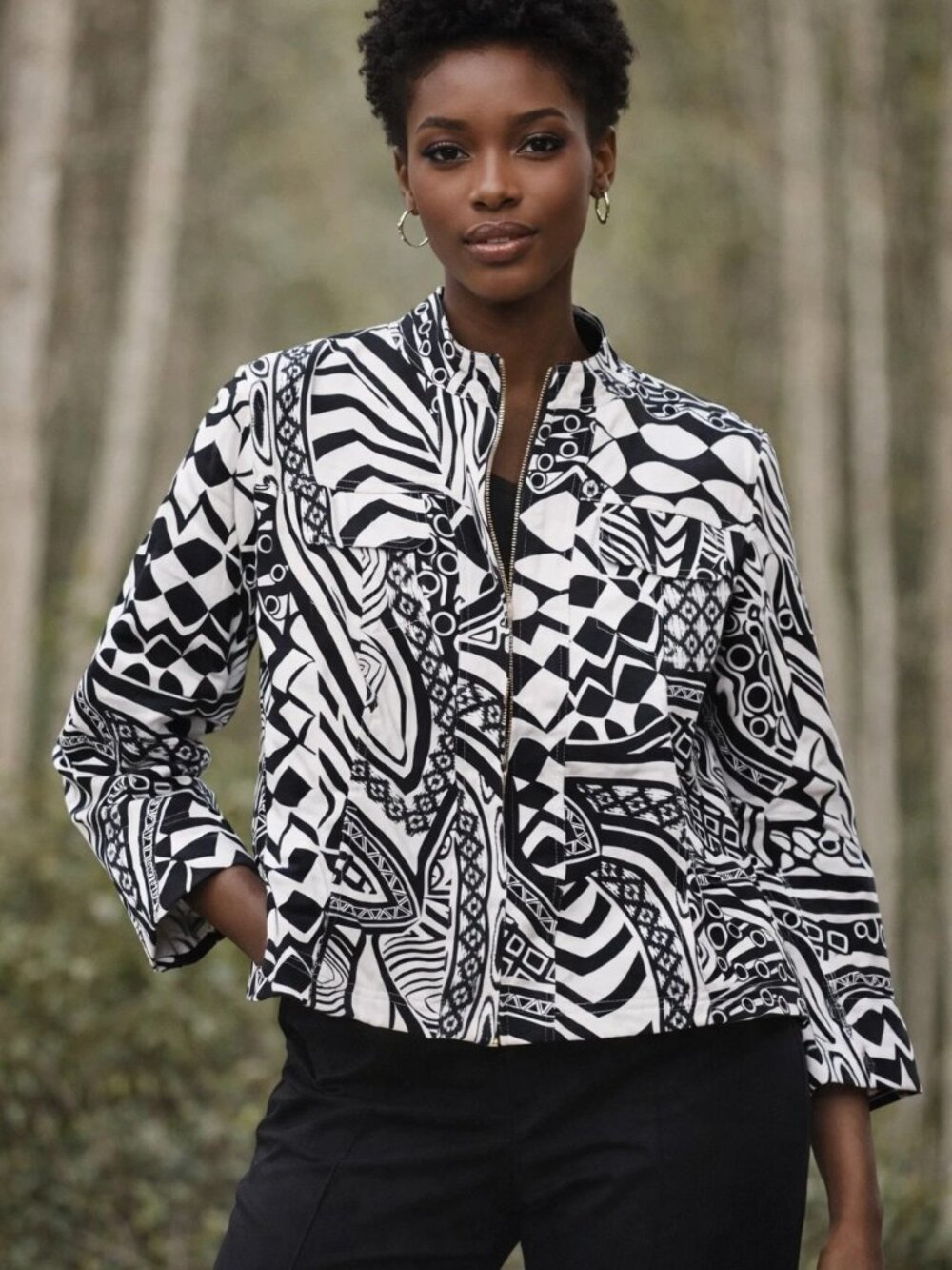 Peter Nygard Black & White Geometric Zip-Front Jacket Size 16